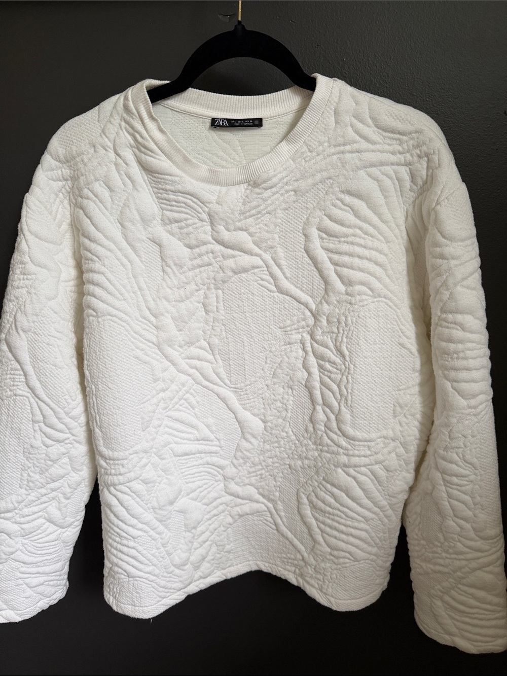 Zara White Quilted Textured Crewneck Sweatshirt